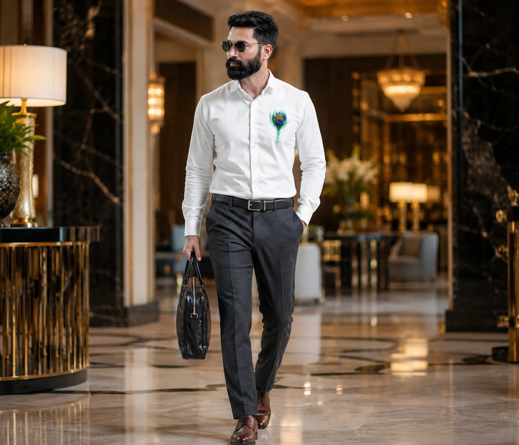 Pure White Hand-Painted Peacock Feather Shirt for Perfect Mens Collection
